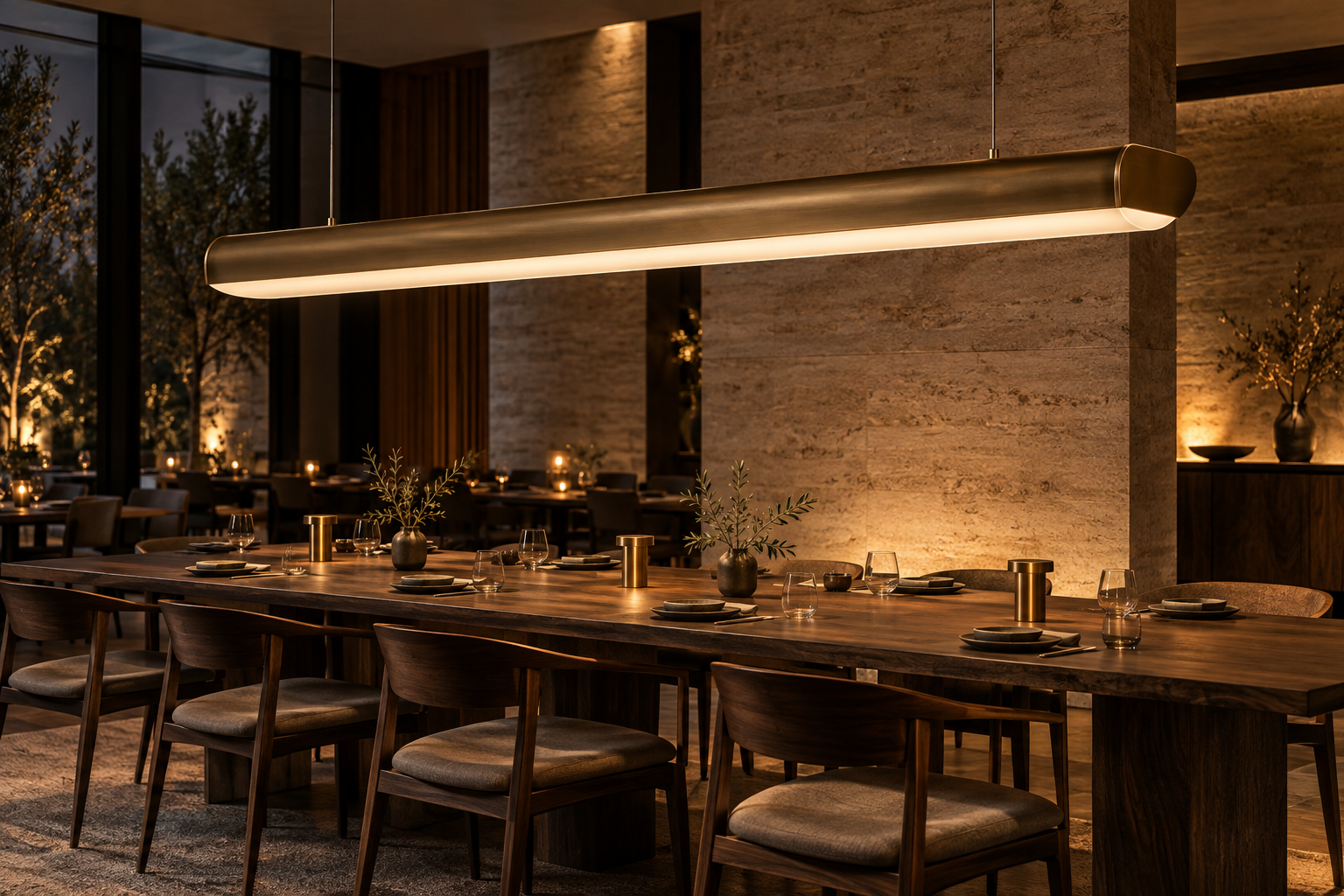Brushed bronze linear pendant light installed over a restaurant communal table