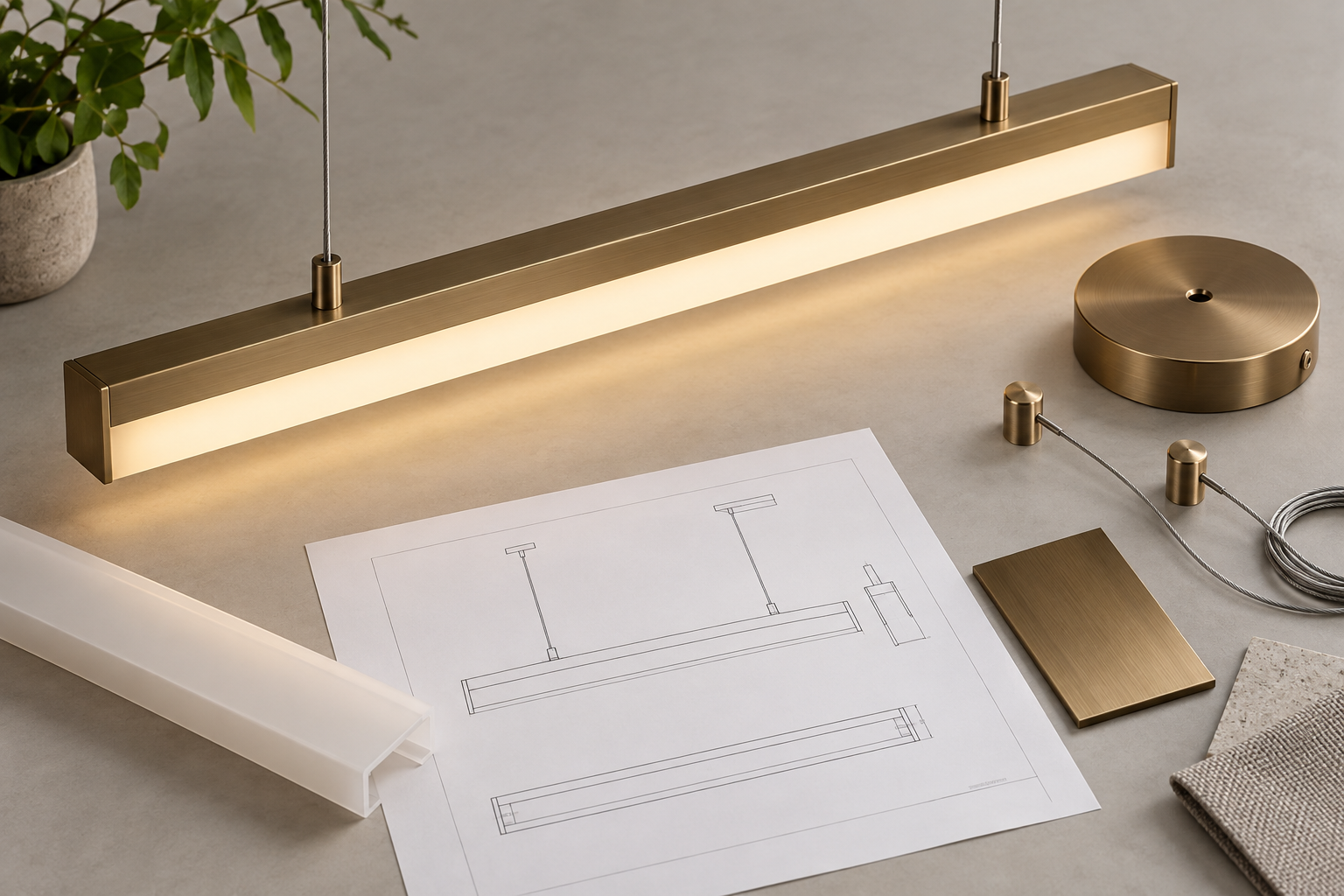 Linear pendant light with its diffuser, mounting fittings, material samples and unmarked technical drawing