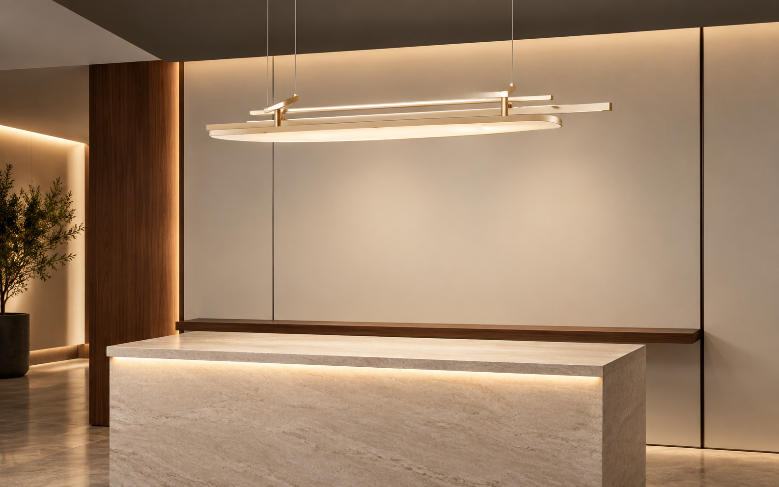 Veil Axis pendant light shown clearly above a warm stone reception desk